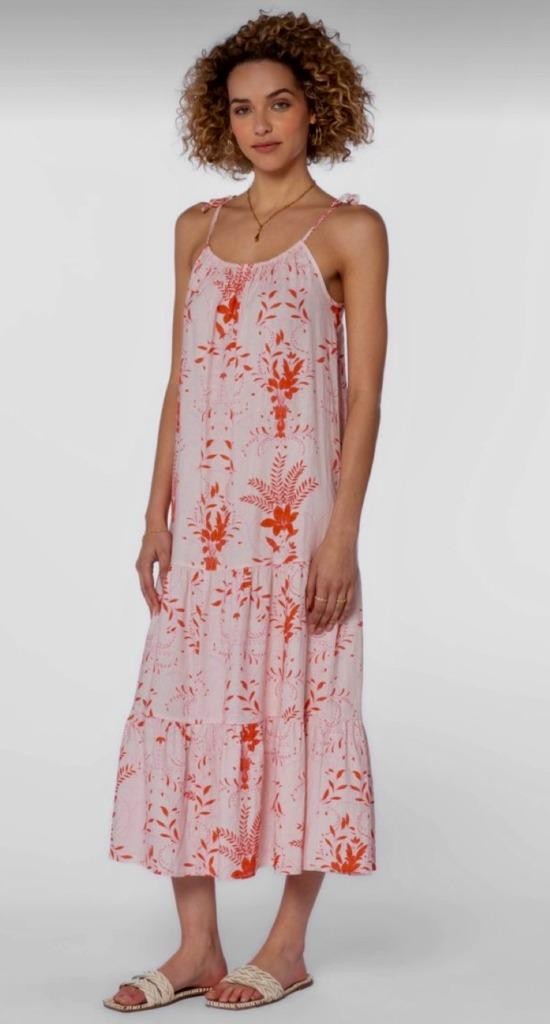 NEW VELVET HEART Pink Red Floral Linen Blend Midi Cami Dress S M? Coastal Beach