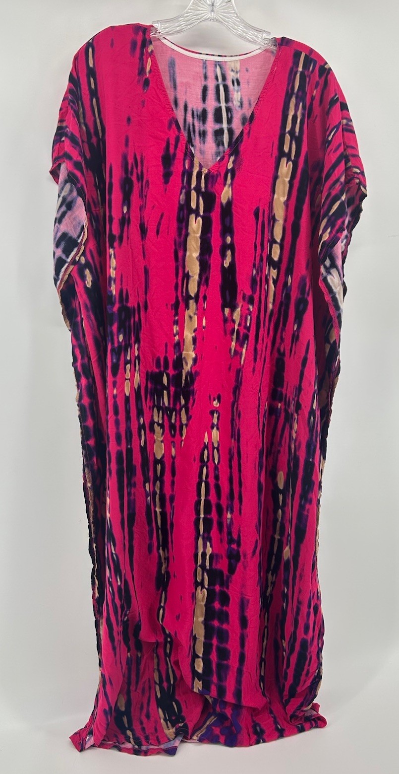 Hot Pink Tie Dye Caftan Women’s Dress One Size Kaleidoscope Boho