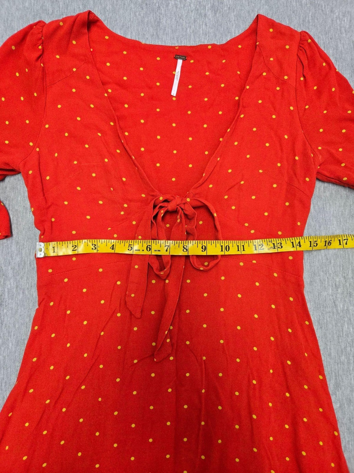 Free People Dress Womens 8 Orange Polka Dot Tie Front Ruffle Sleeve Fit Flare