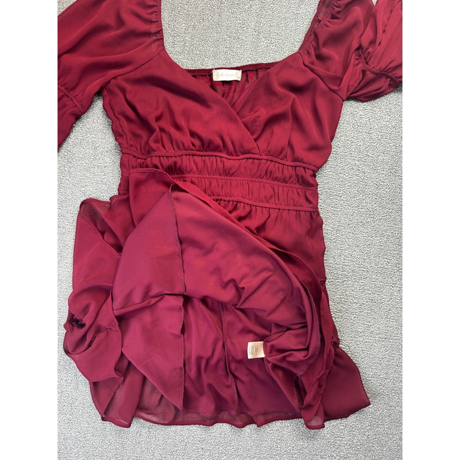 Altar’d State Dress Large Burgundy Smocked Tiered Mini Sheer Long Sleeve