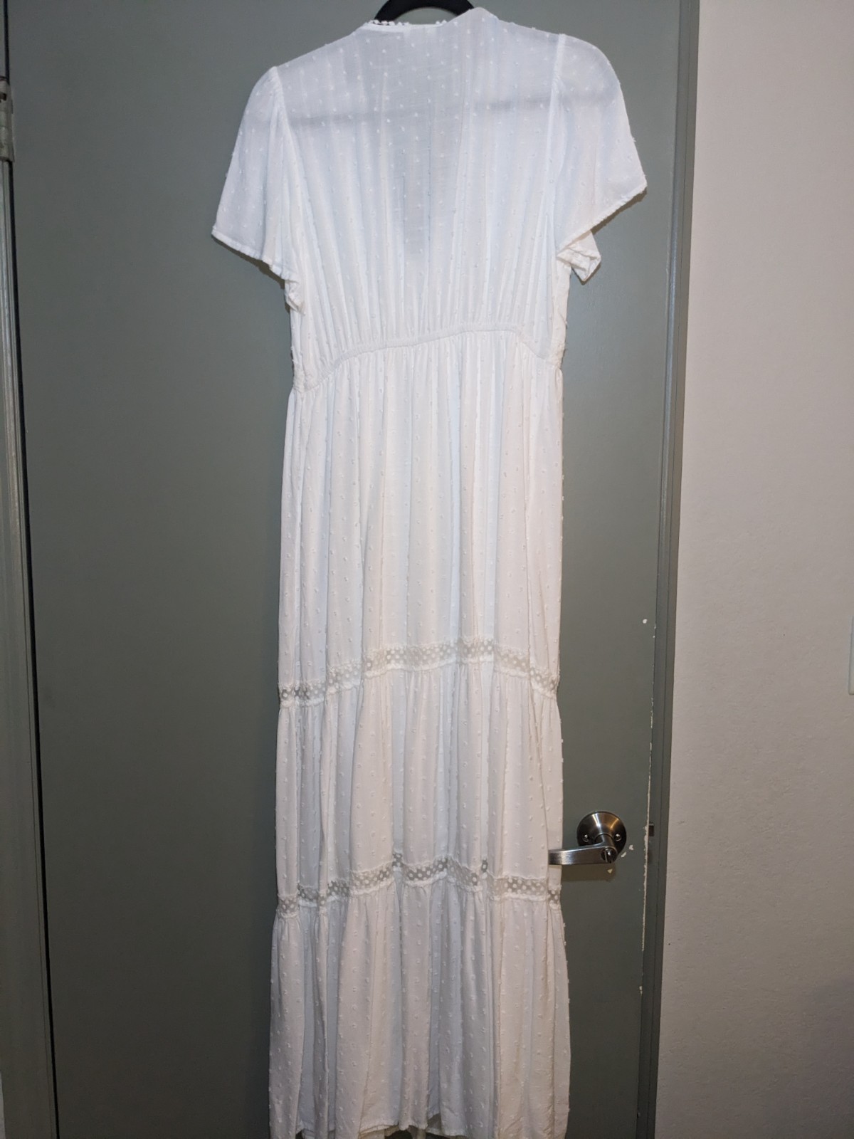Knox Rose Women Dress Medium White Maxi Boho Crochet Smocked Short Sleeve