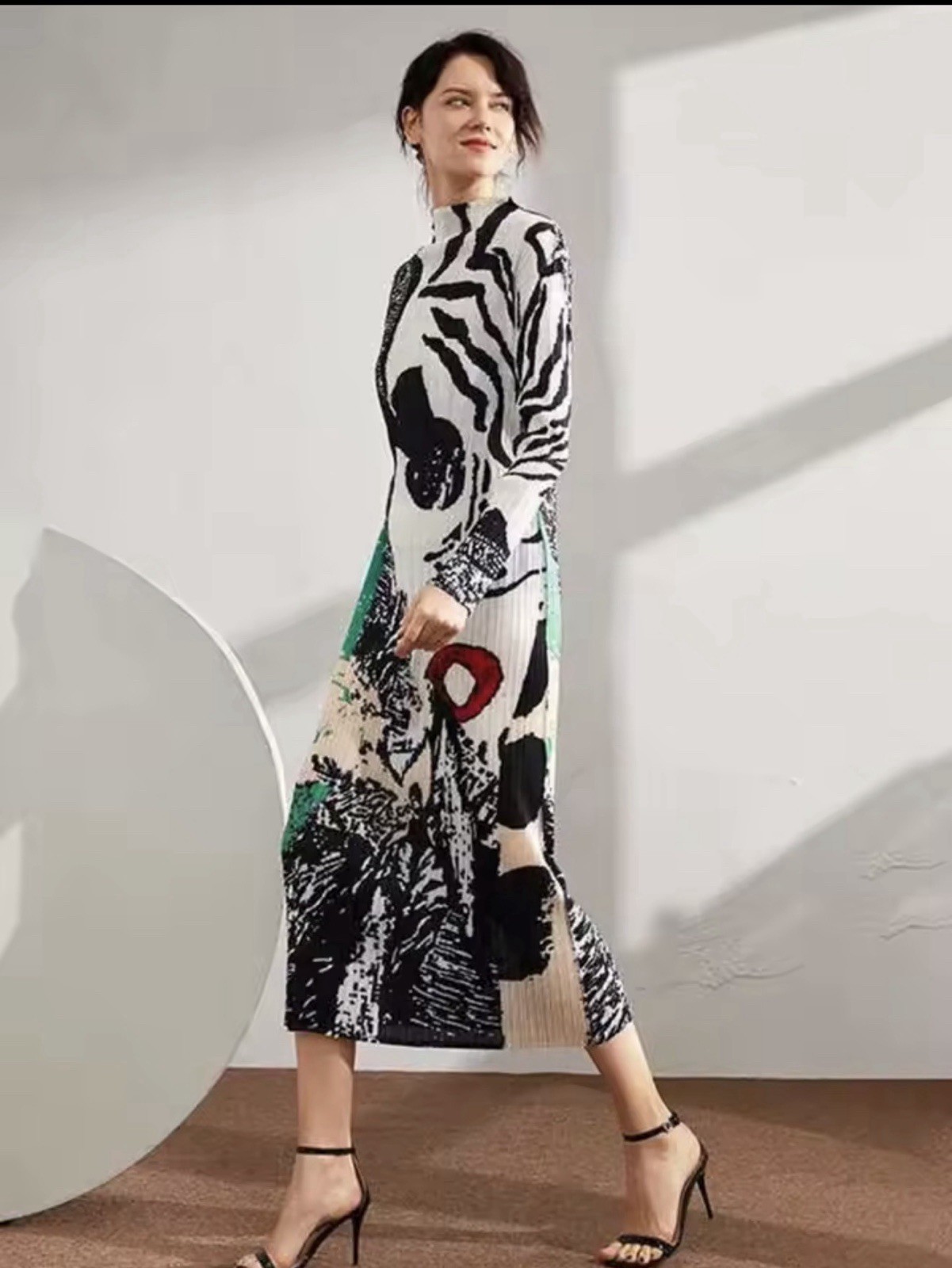 Women’s Miyake Style Long Sleeve Dress Pleated Midi Print Stretchy Dress UK