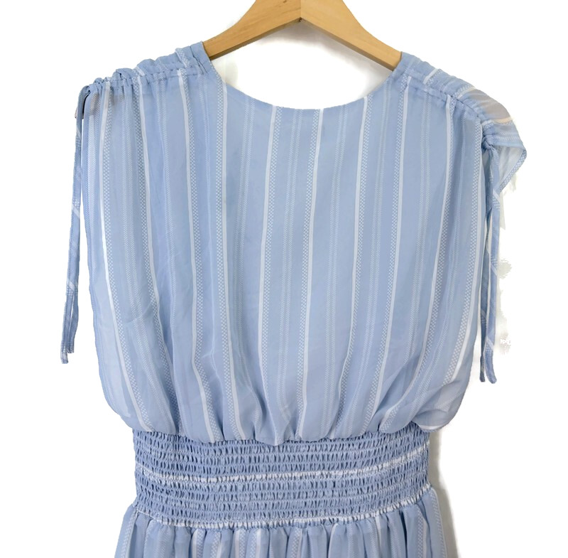BCBG Paris Light Blue Striped Chiffon Dress Size Large Wrap V-Neck Hi Low