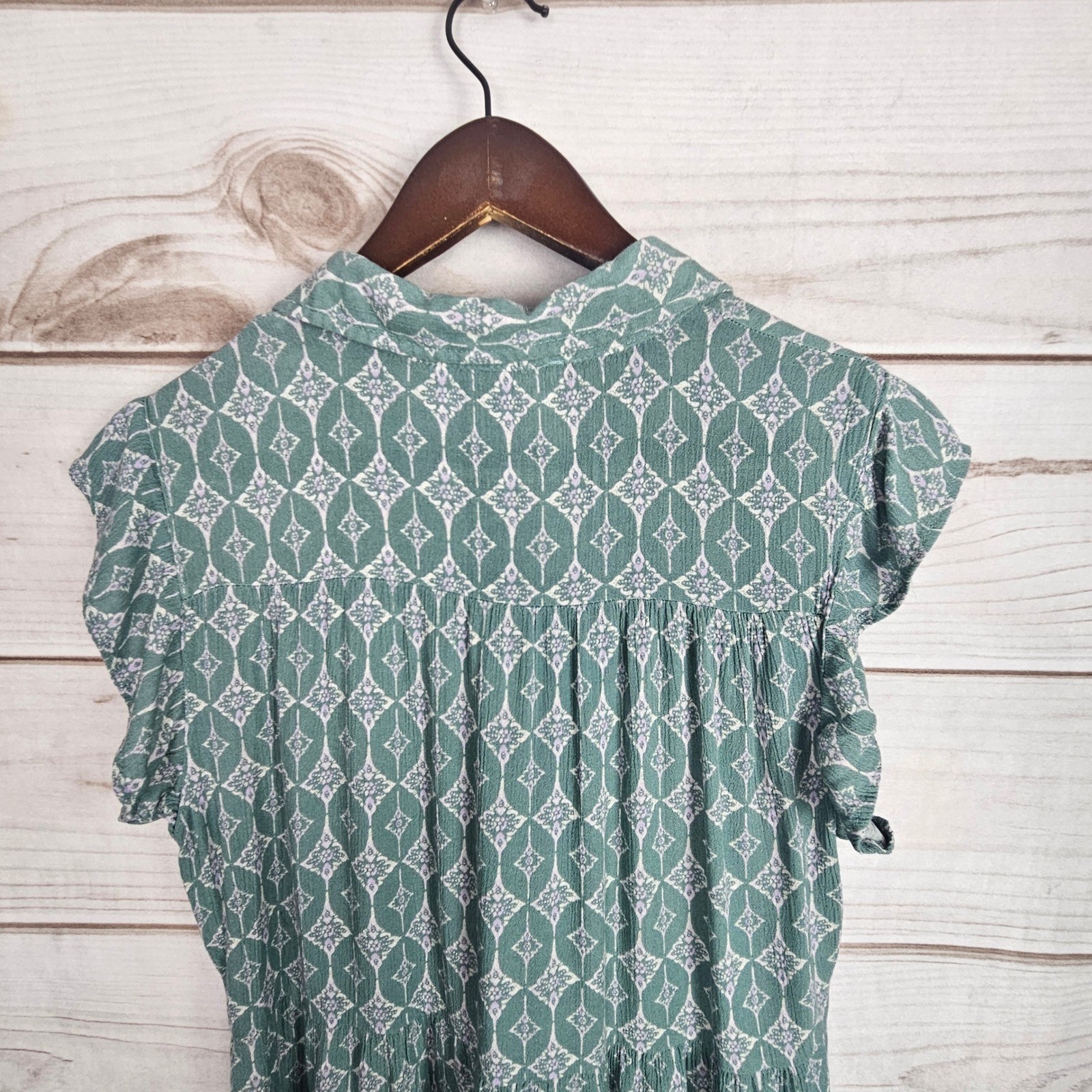 Lucky Brand Green Medallion Tiered Button Front Mini Dress Flutter Sleeve Medium