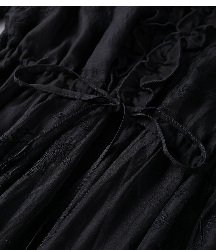 100% REAL Silk Black Embroidery Half Sleeve Belted Waist Women Midi Dress M1387