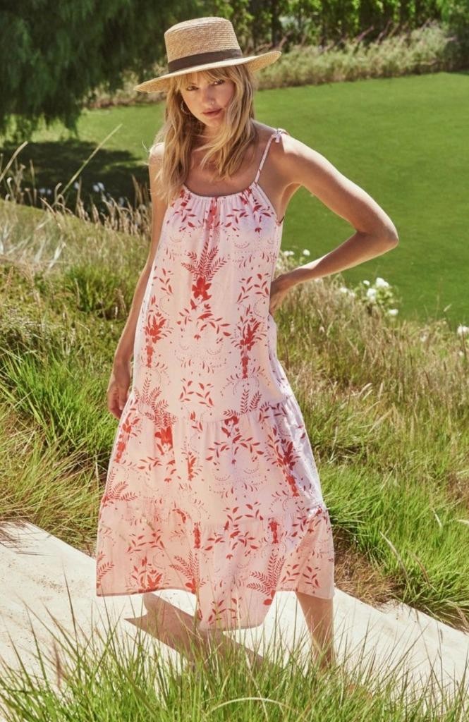 NEW VELVET HEART Pink Red Floral Linen Blend Midi Cami Dress S M? Coastal Beach