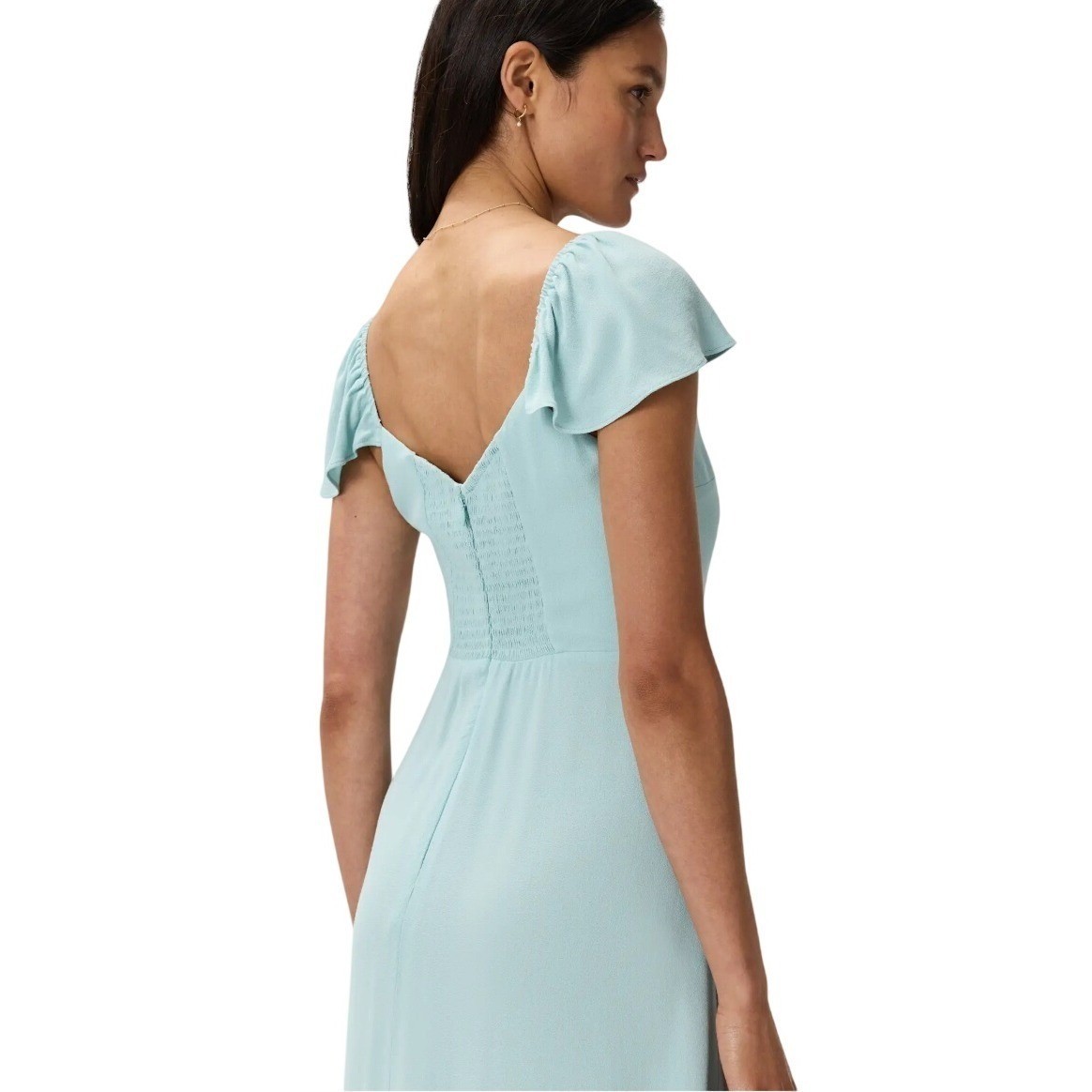 Quince Lightweight Crepe Flutter Sleeve Midi Dress Aqua Pearl NWT Quiet Luxury