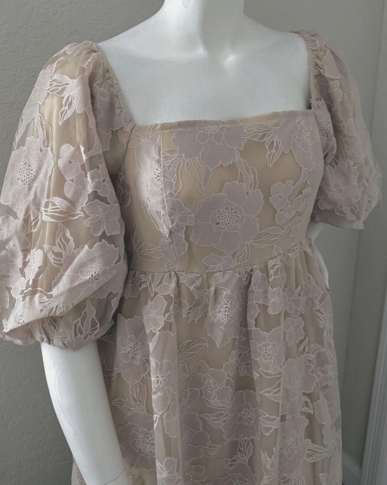 Baevely Puff Sleeve Square Neck Floral Layered Maxi Dress Taupe Plus 1XL 2XL 3XL
