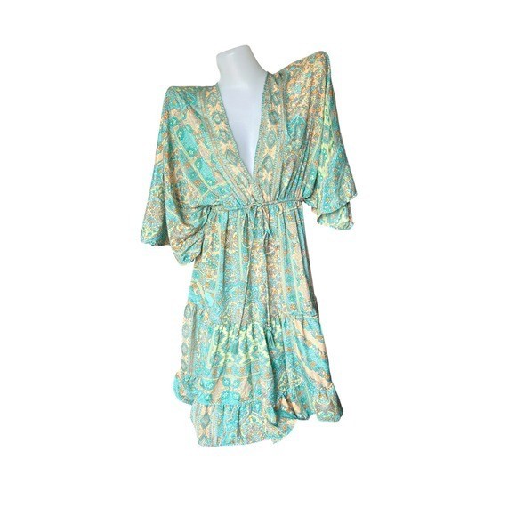 ♾️Silk Blend Plunging Mini Dress Aqua Paisley Kimono One Size BohoMiami V-neck♾️