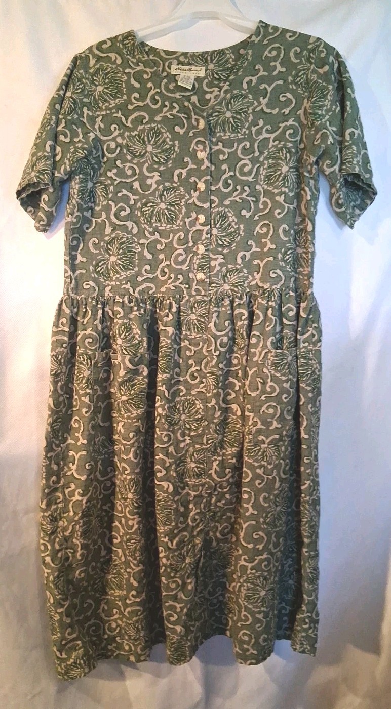 Vintage Eddie Bauer Women’s Moss Green Floral Linen Ankle Length Dress Size M