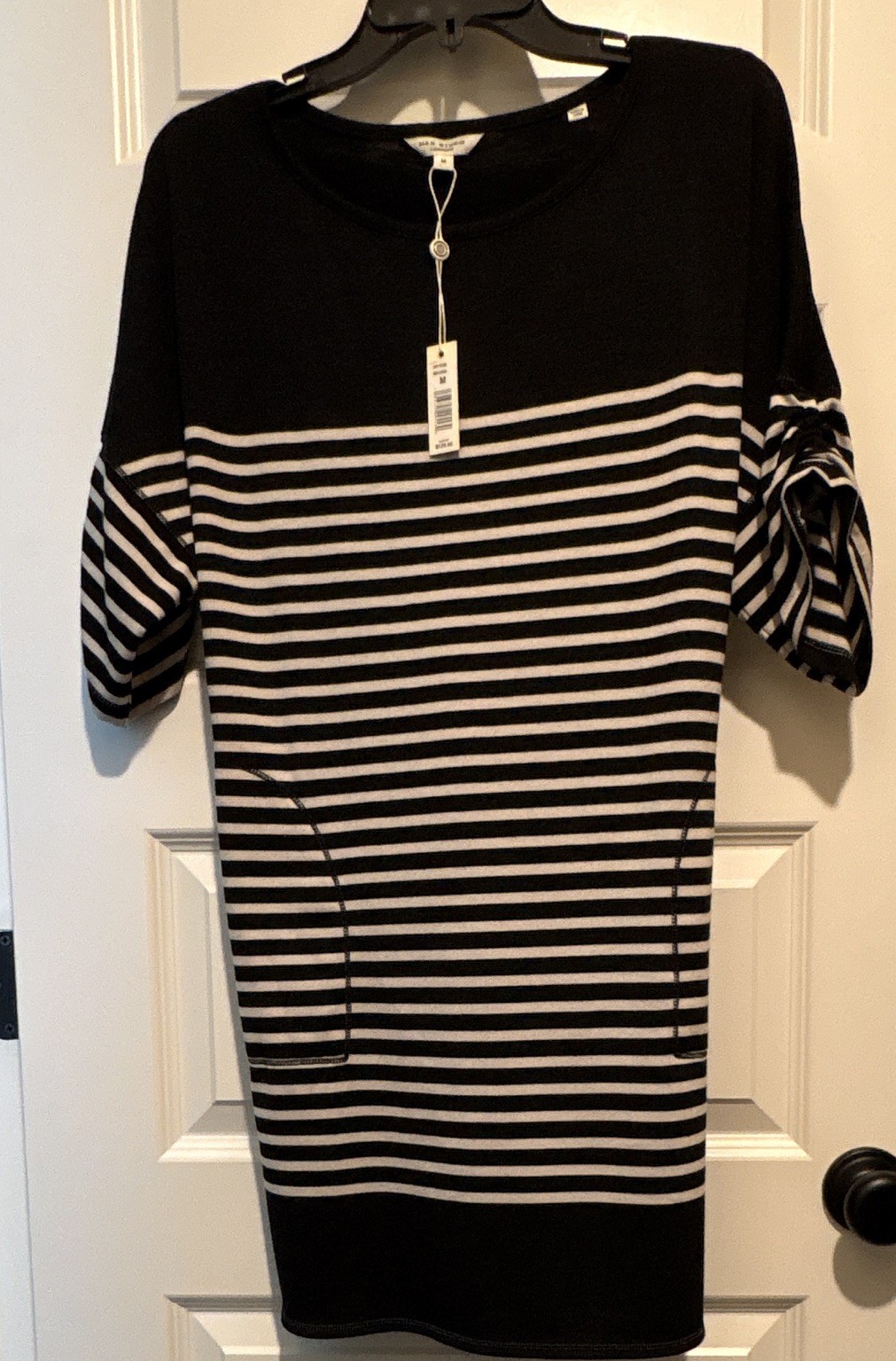 Max Studio Black White Striped Dress, 3/4 Sleeve, size M
