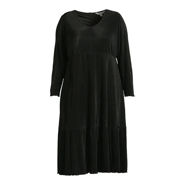 Terra & Sky Women’s Plus Size Long Sleeve Plisse Midi Dress Black 1X,2X,3 4X New