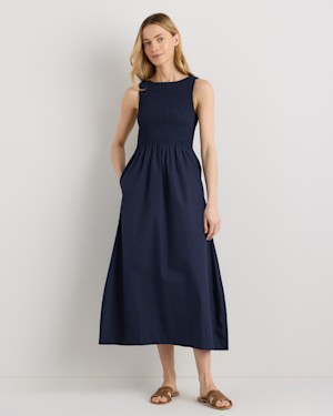 Quince Women 100% Organic Cotton Poplin Boat Neck Maxi Dress Blue M