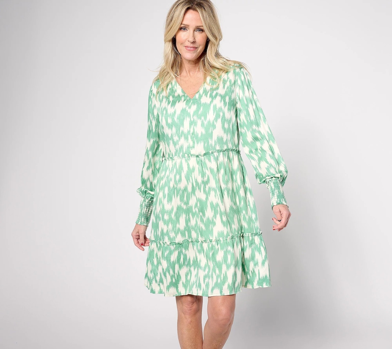 AnyBody Dress XL Regular Printed Knee Length Smocked Sleeve Mint Ikat Boho Chic