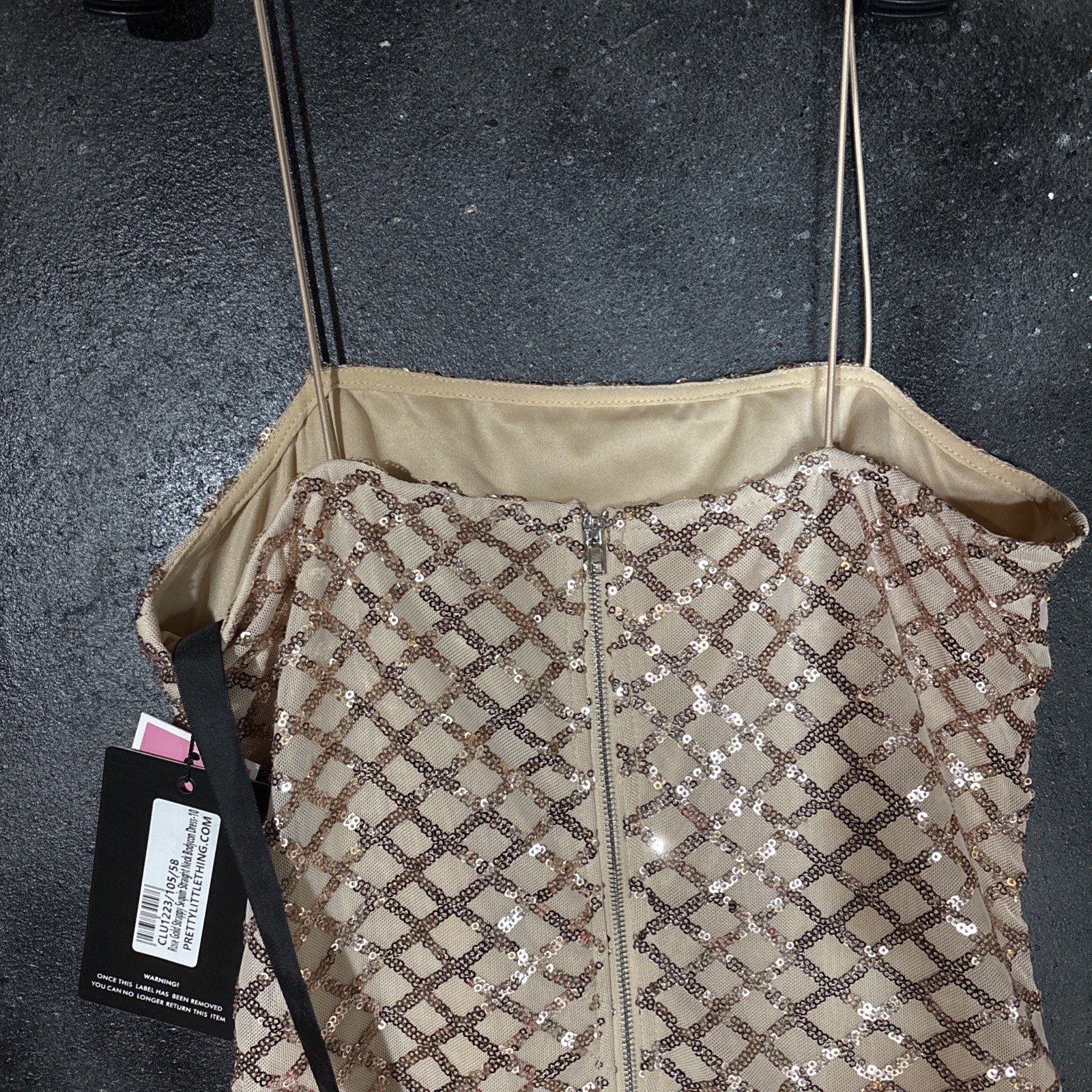 Pretty Little Thing Rose Gold Strappy Sequin Dress Bodycon StraightSz 10 NWT