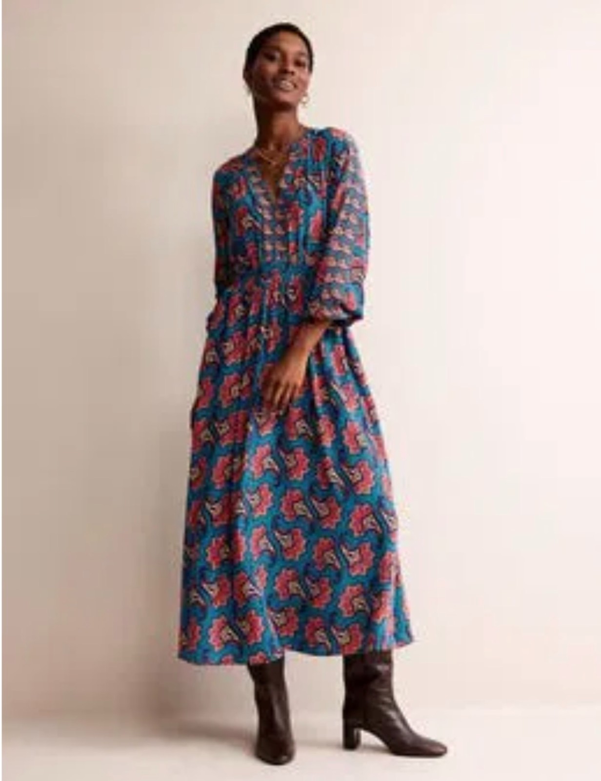 Boden Blue Border Print Raglan Midi Dress Pockets Balloon Sleeve UK 18L RRP £130