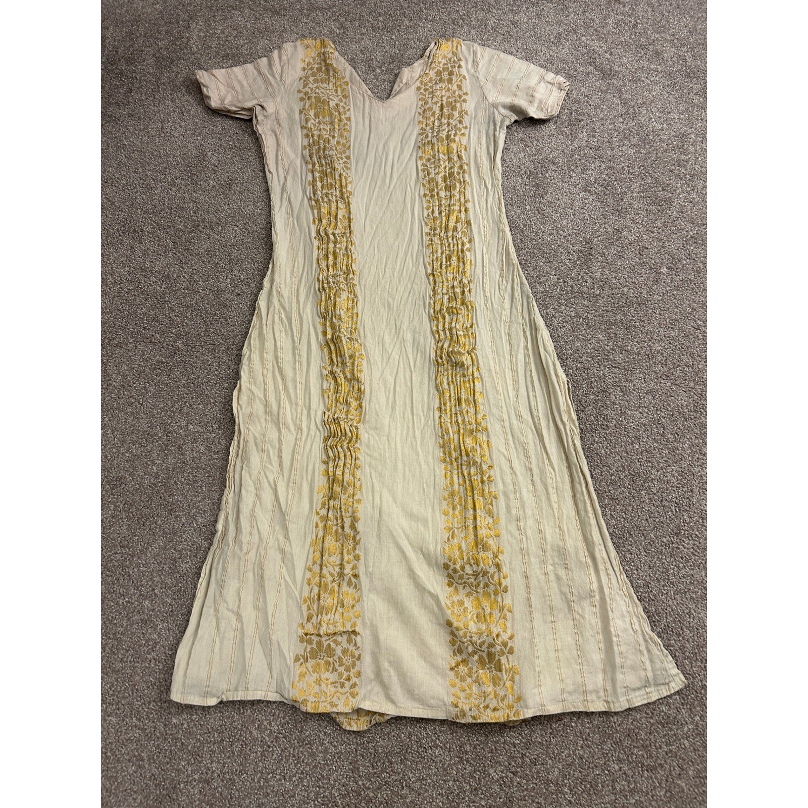 South Asian Kameez Midi Dress Womens Small Cream Gold Excellent Boho Floral