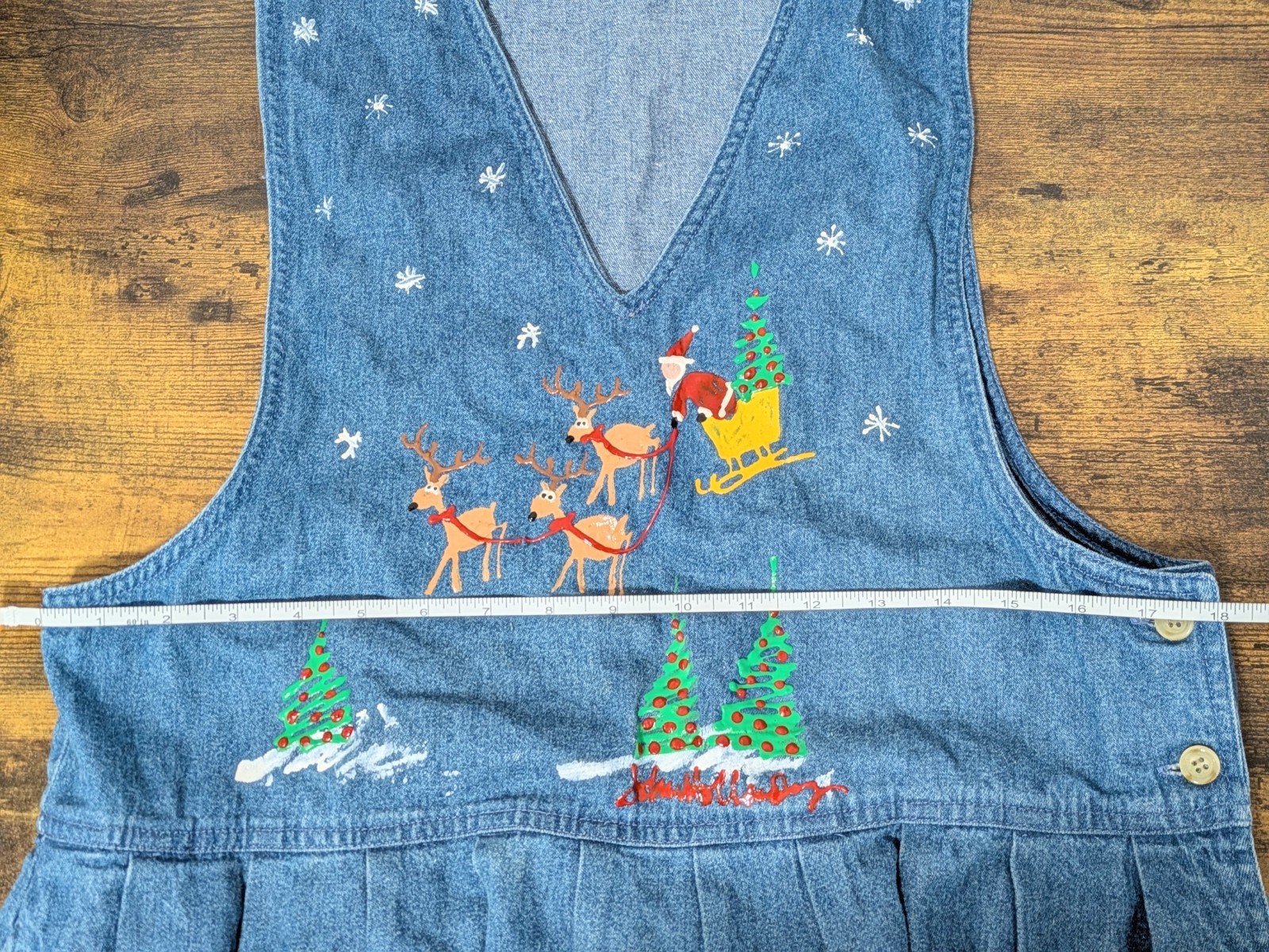 Mizz Lizz Denim Overall Dress M Button Side Cottagecore Hand Painted Christmas