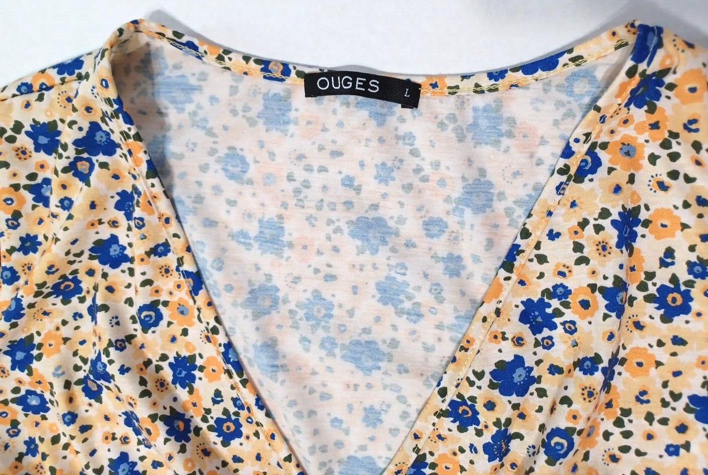 Floral Yellow Blue OUGES Women’s Dress Sz L Cap Sleeve V Neck Stretch Wrap