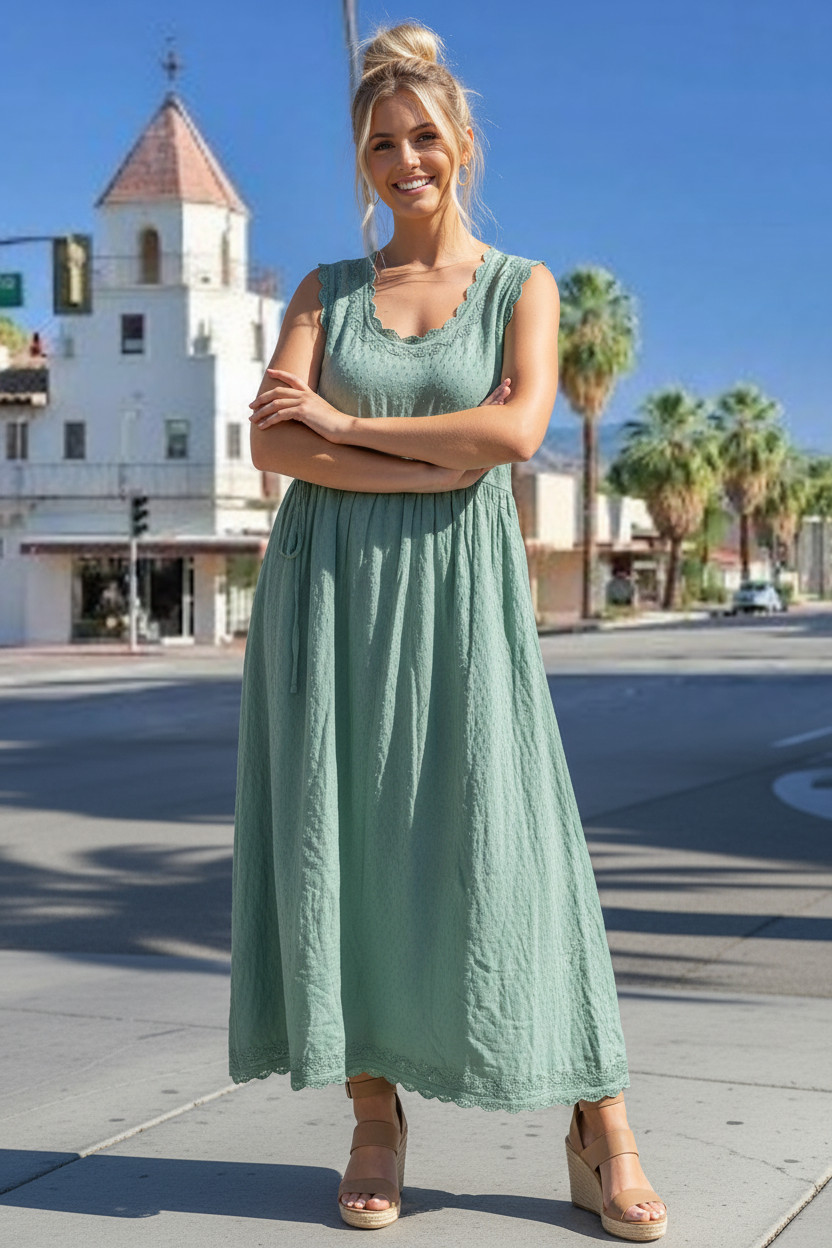 DRA Nocelle Dress Green Cotton Embroidered Midi Full Skirt NWT