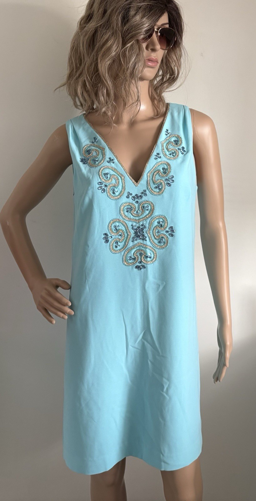 Lilly Pulitzer Penelope Blue Beaded Embroidered Shift Dress V-Neck Back Zip Sz 4