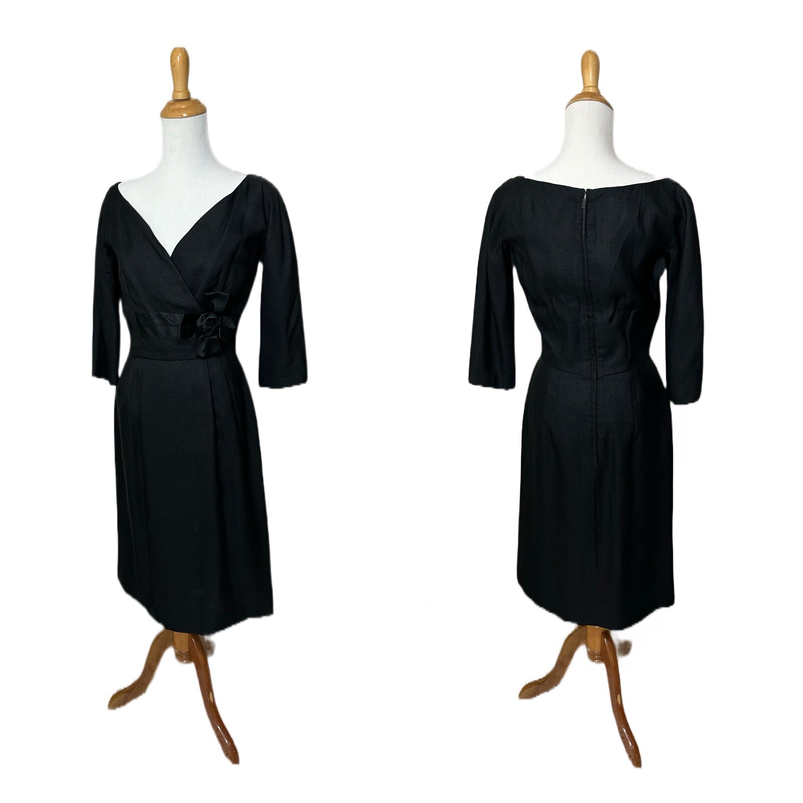 Vtg 50s C Crawford Hollidge Boston Sheath Dress Black LBD Cocktail Career Sz S