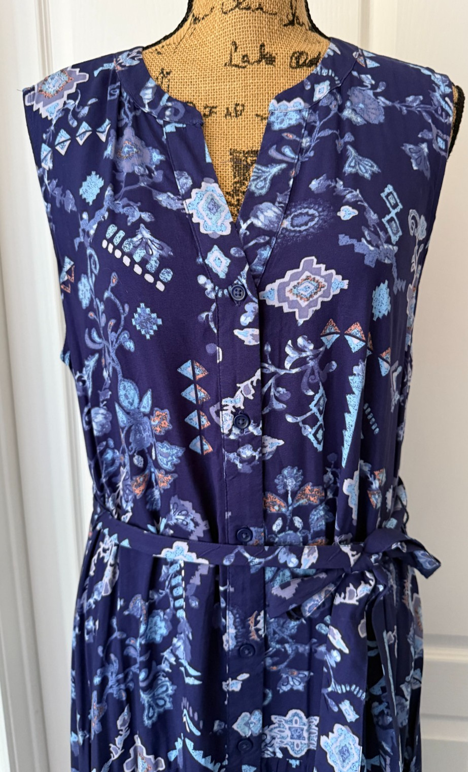 Beach Lunch Lounge Shirt Dress Button Up Belted Sleeveless V-Neck Blue Floral L