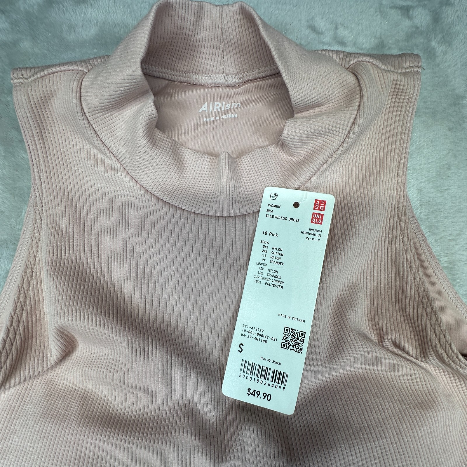 Uniqlo Bra Sleeveless Dress Womens Small Pink AIRism Ribbed Cotton Mock Neck