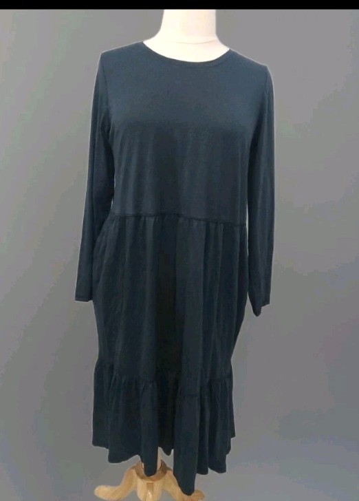 LOGO by Lori Goldstein Blue Midi Dress Size Large Ruffle Hem With Pockets