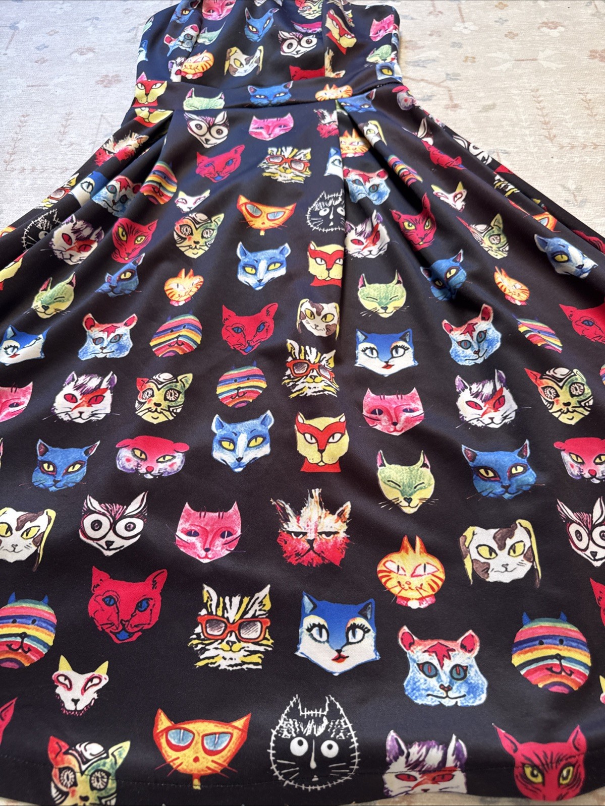 High Neck All Over Cat Print Rainbow Halter Midi Dress Stretch Jersey Cute! S