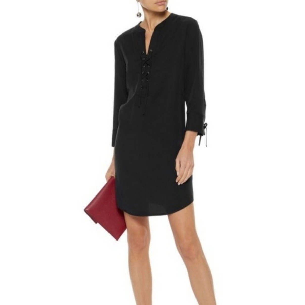 Theory Julitah Black Lace Up V Neck Tencel Shirt Dress Size 8