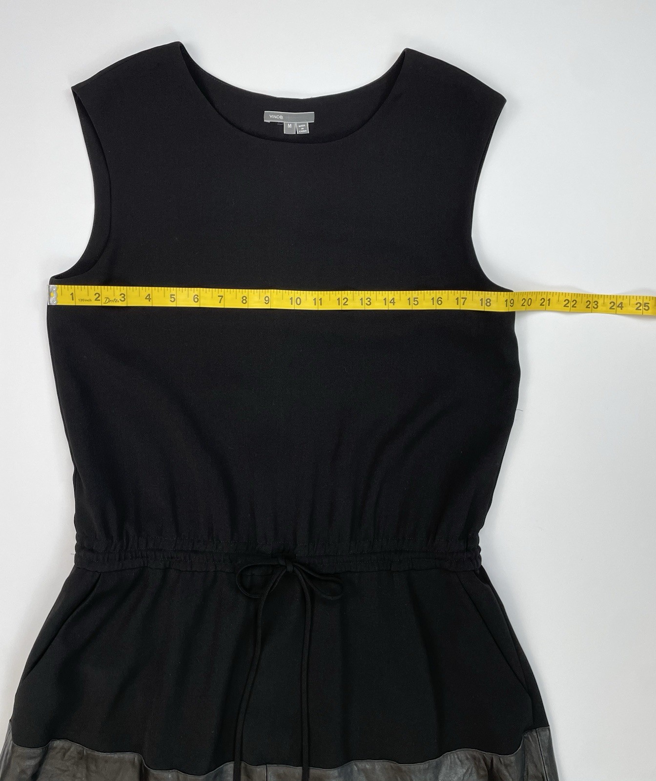 Vince Black Leather Hem Drawstring Mini Dress Sleeveless Pockets M LBD