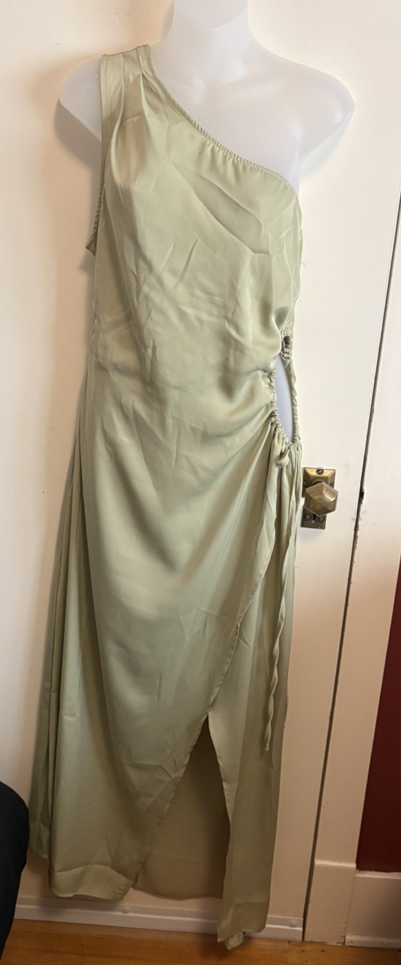 NWT Green Sz XL One Shoulder Cutout Maxi Dress Side hole Slit Ruched Waist BTFBM