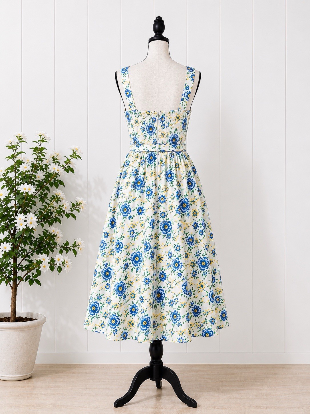 Free Assembly New Blue & Yellow Floral Midi Fit & Flare Belted Dress Size M