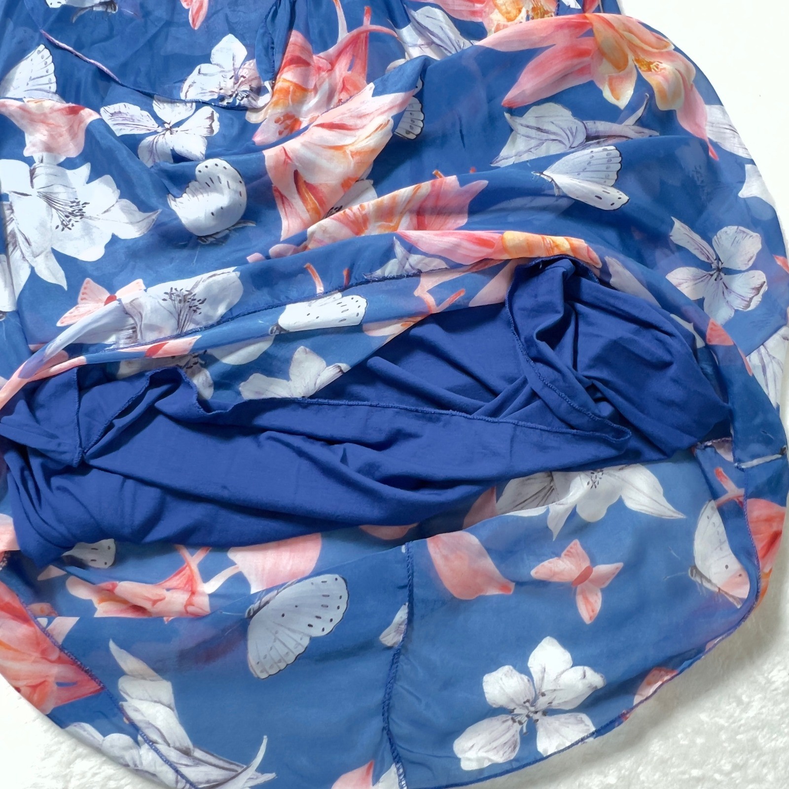 Made in Italy Silk Blend Sleeveless Dress Womens Sz L Blue Floral Ruffle
