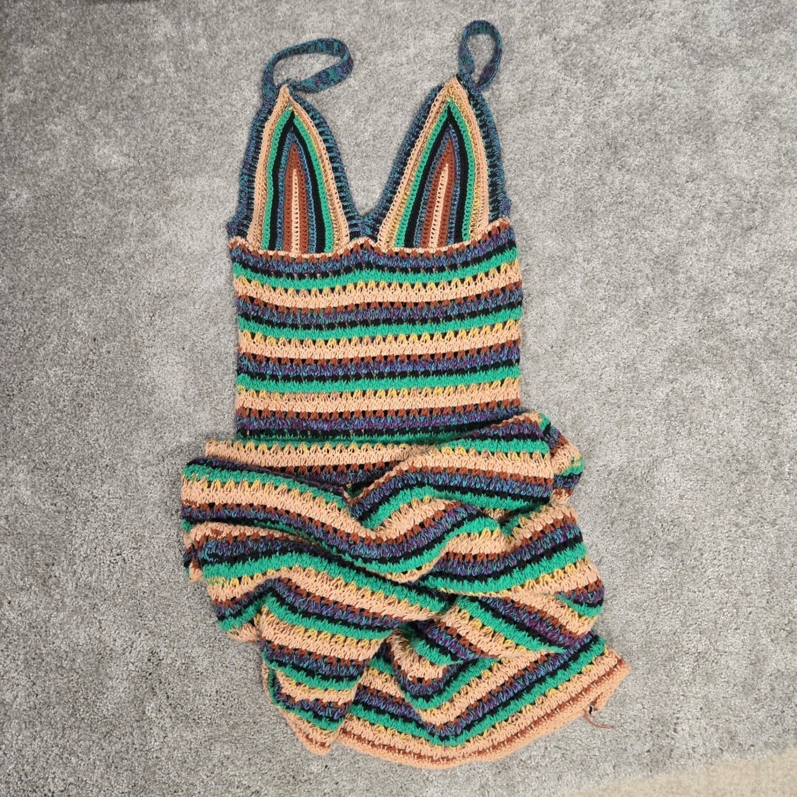 Zara Multi Color Striped Crochet Knit V-Neck Maxi Dress Boho Summer Beach Size S