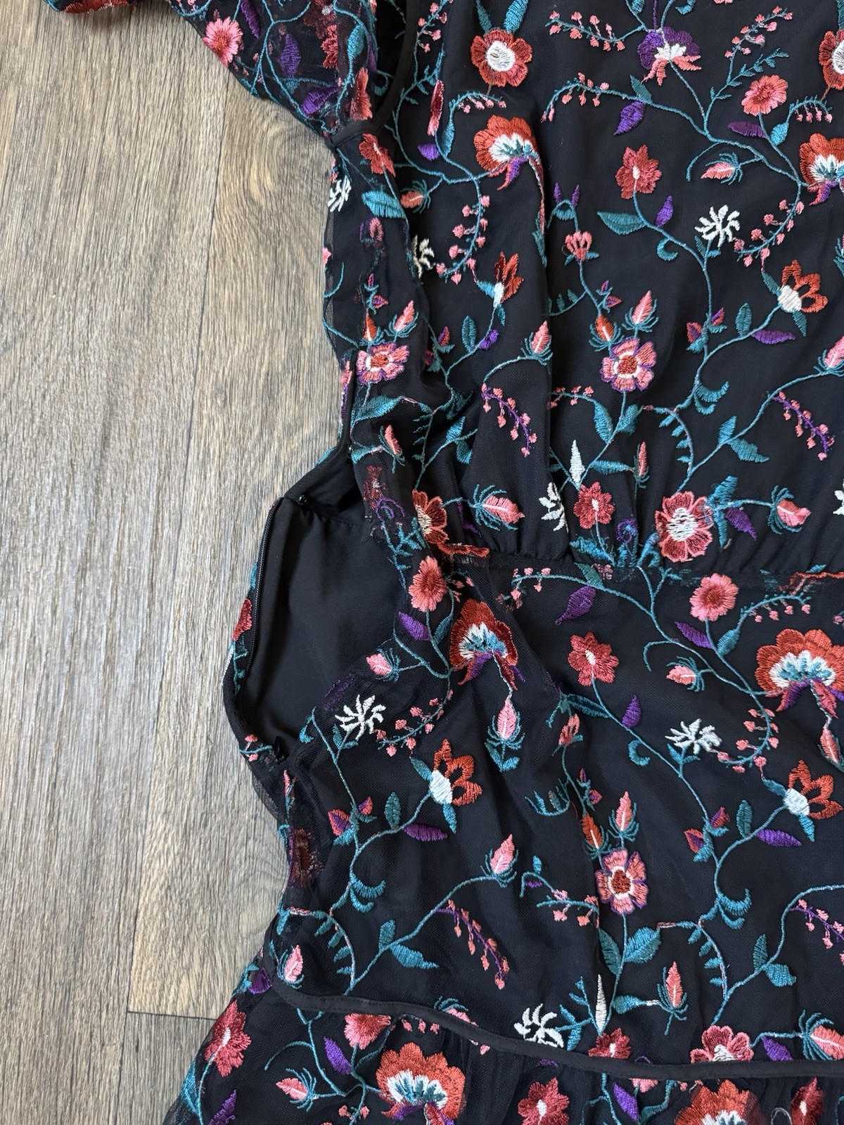 Sam Edelman Black Pink Floral Embroidered Long Sleeve Blouson Dress 8
