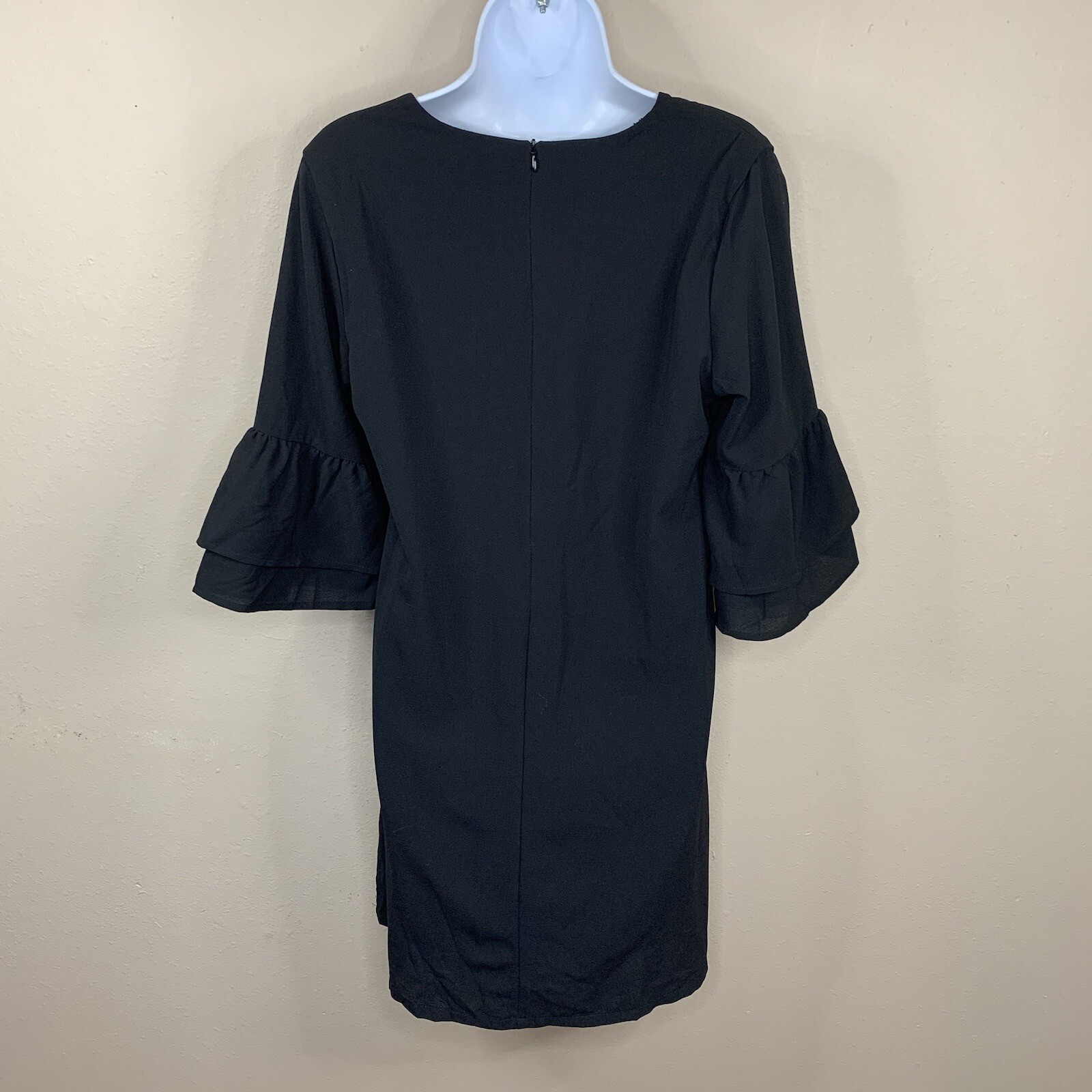 NEW Black V Neck Ruffle Bell Sleeve Dress Lnee Length Medium Opaque