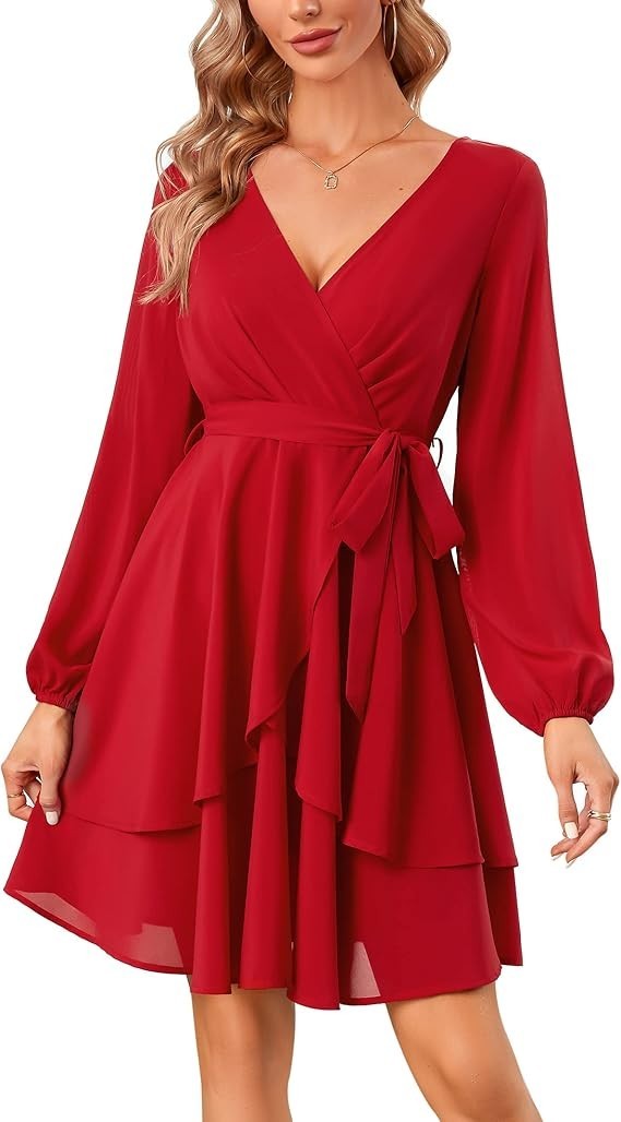 Women’s Cocktail Mini Dress V-Neck Long Sleeve Tie Waist Red Ruffle-Sz S-NEW
