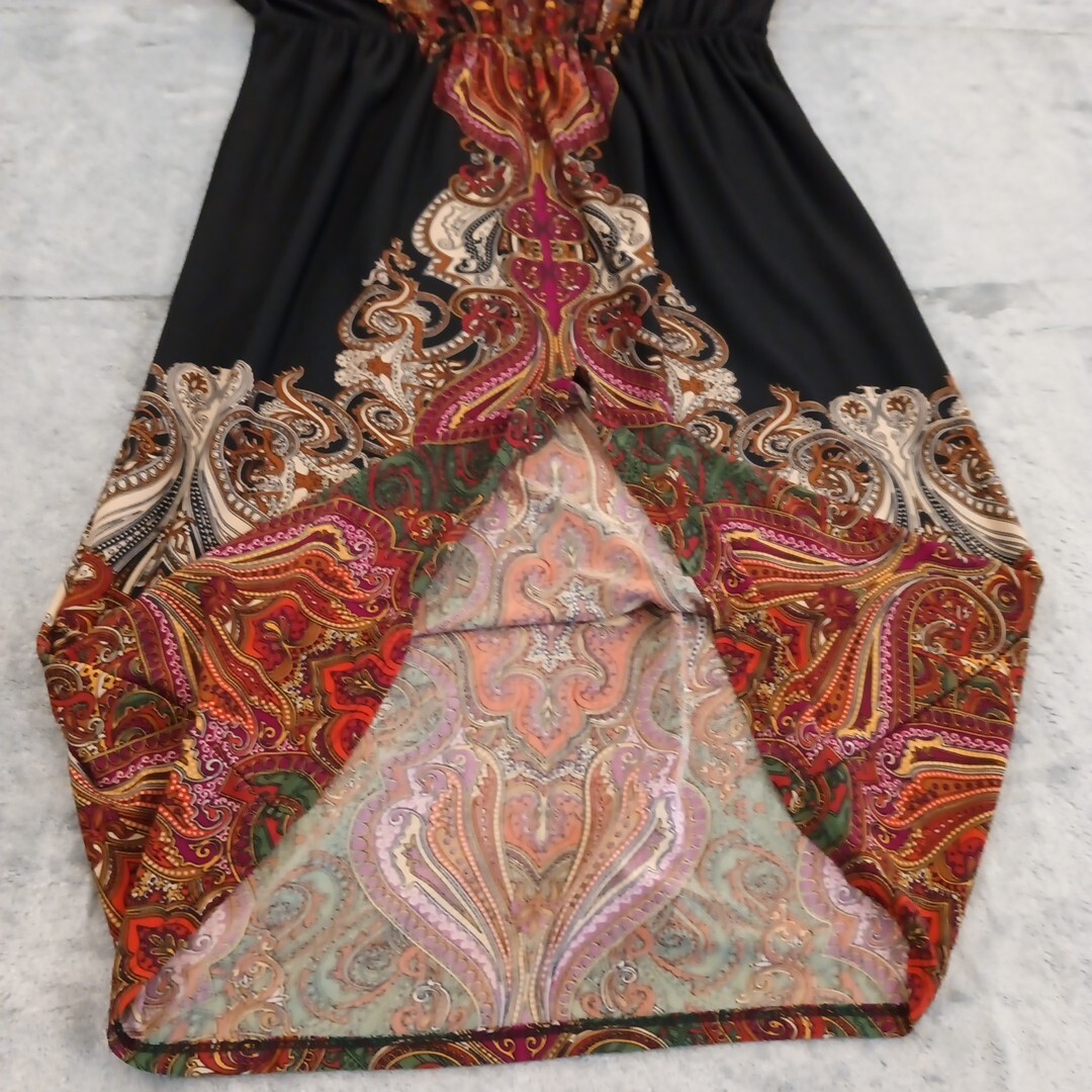 Fashion Bug Dress Medium Black Paisley Knee Length Cap Sleeve Pullover Pencil