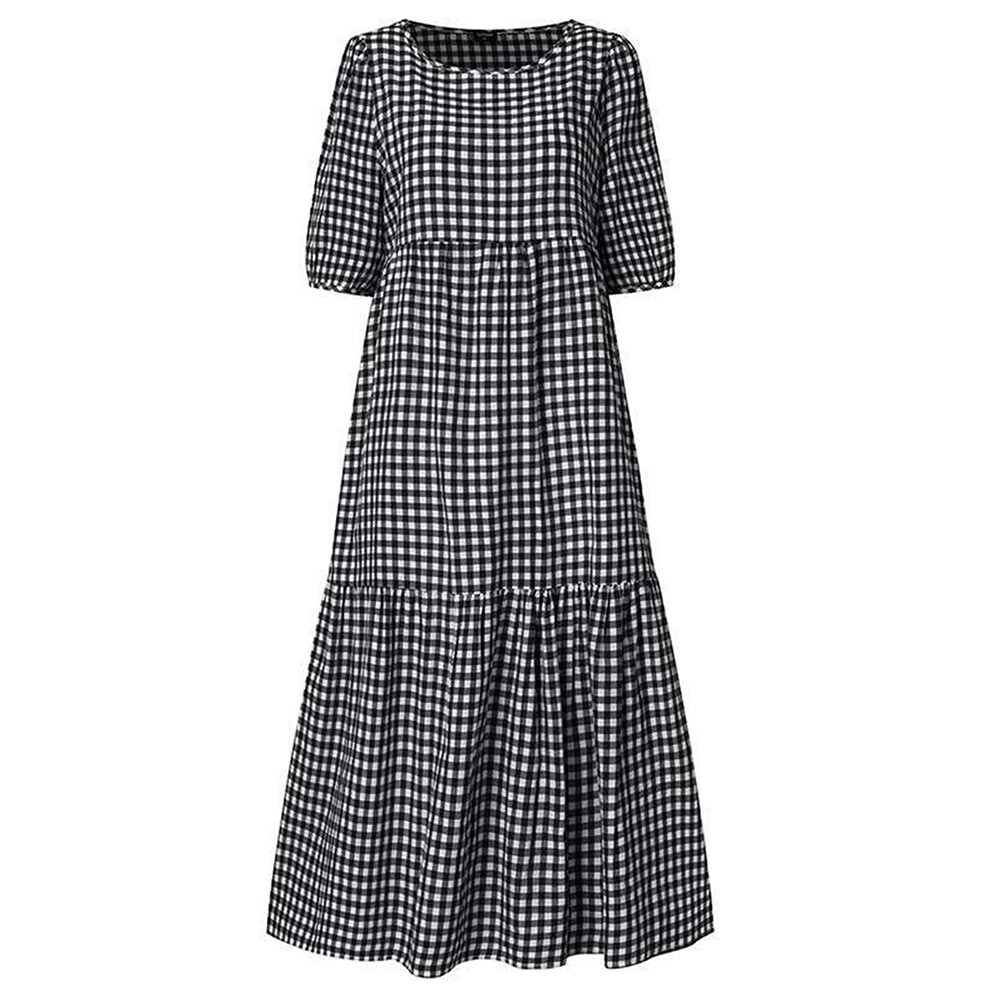 Womens Boho Plaid A-Line Midi Dress Ladies Pleated Loose Holiday Beach Sundress