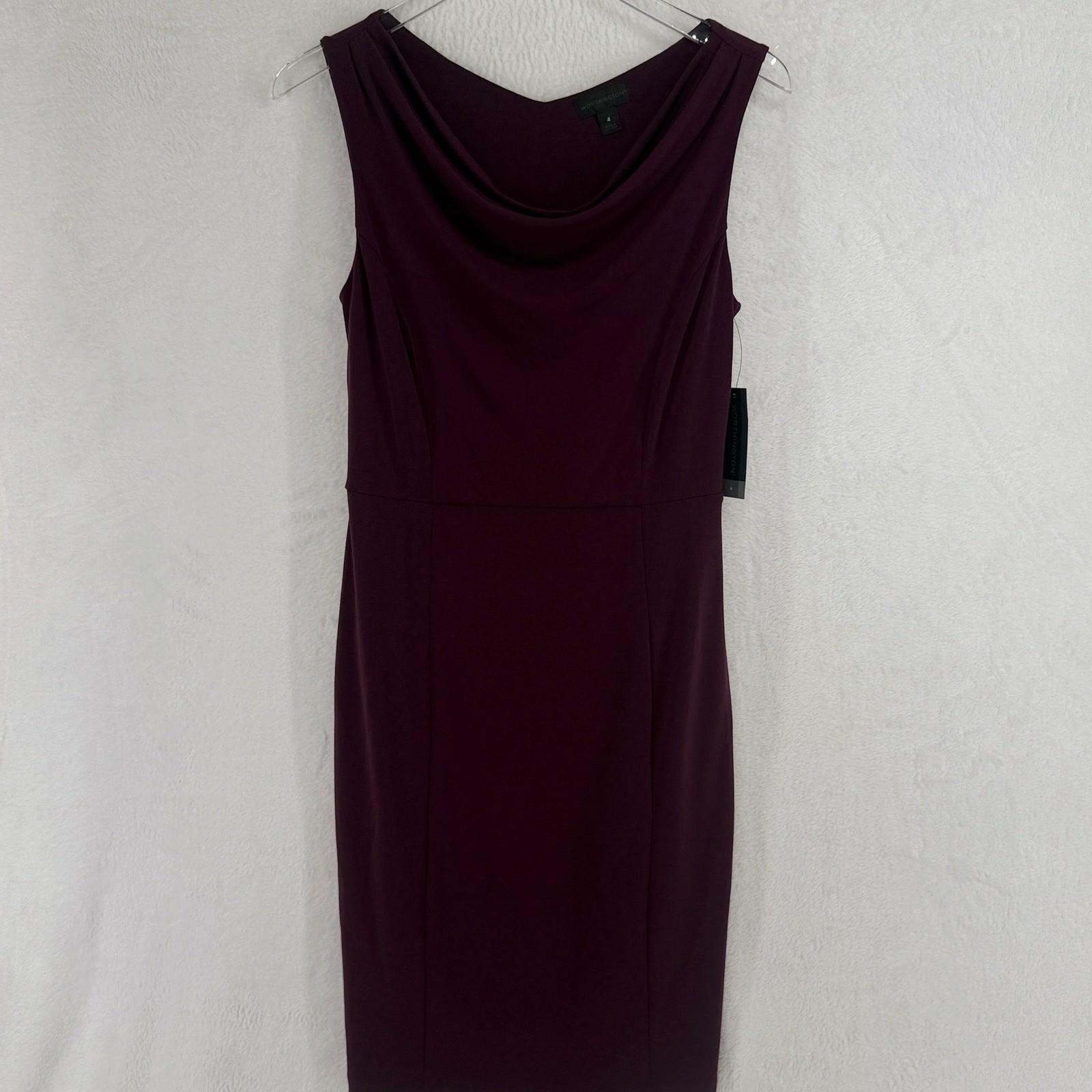 Worthington Sheath Dress Size 4 Purple Cowl Drape Neck Sleeveless Stretch Crepe
