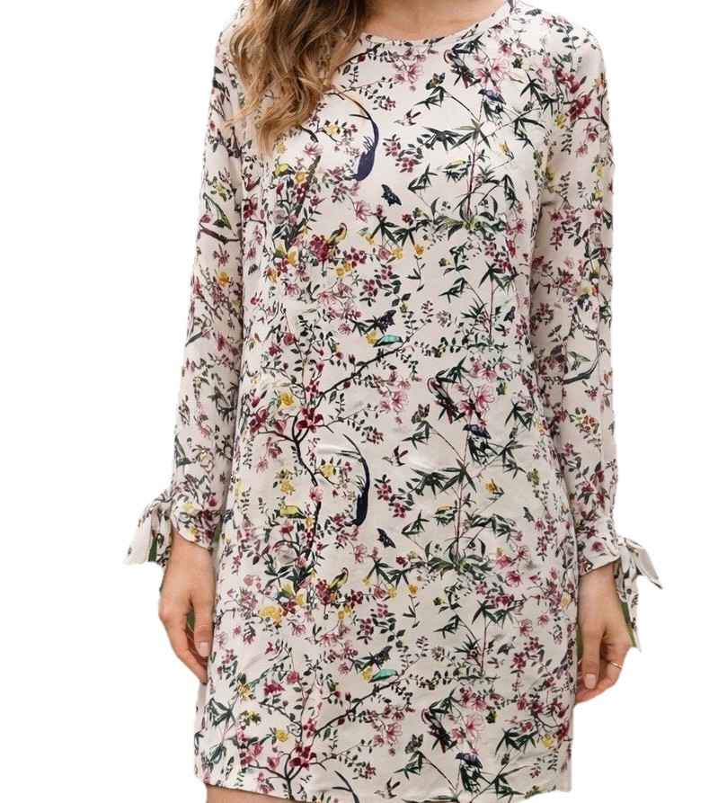 H&M Floral Bird Print Mini Dress Cottagecore Boho Long Tie Sleeve White Size 4