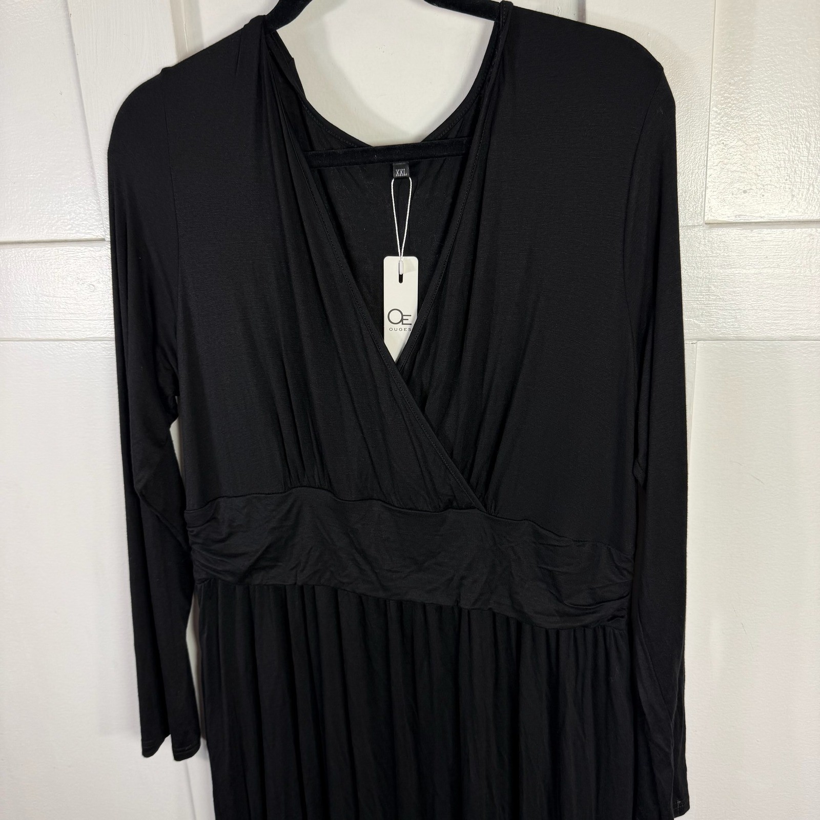 OUGES Womens Black V Neck Faux Wrap Long Sleeve Maxi Dress Plus Size XXL