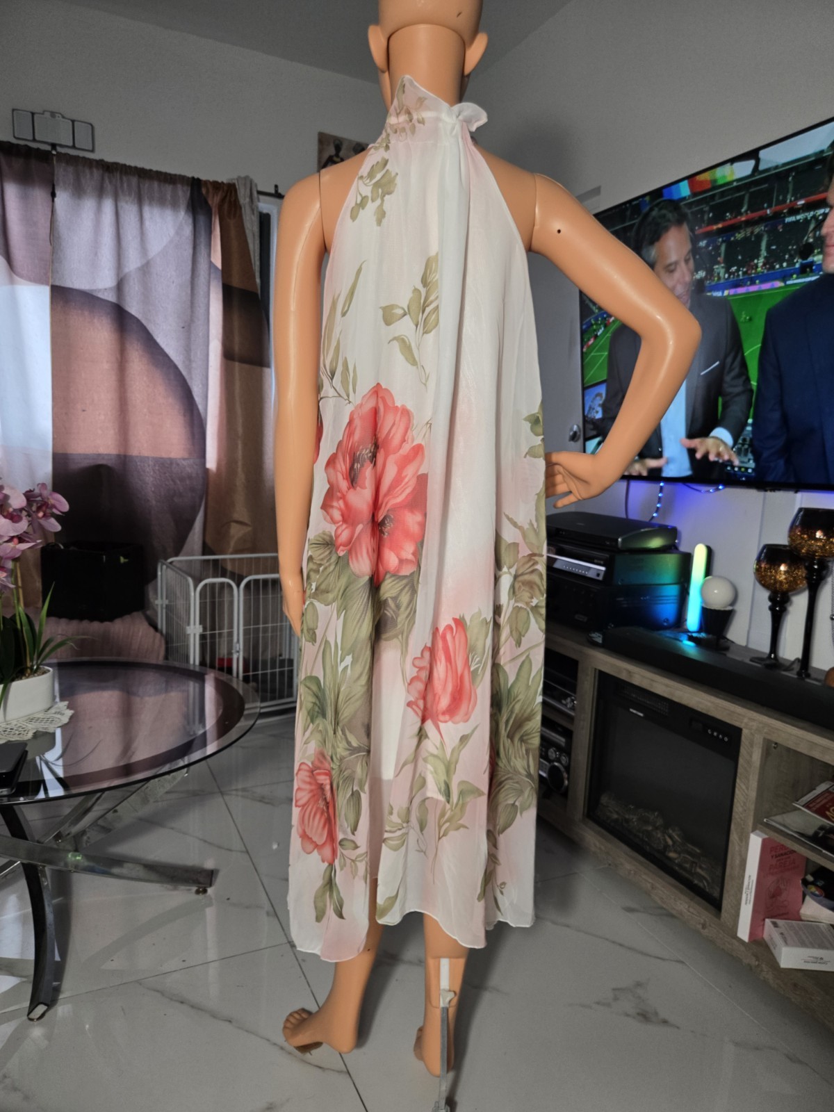 White Pink Green Floral Chiffon Halter Tie Midi Sundress Ruffle Side Slit S