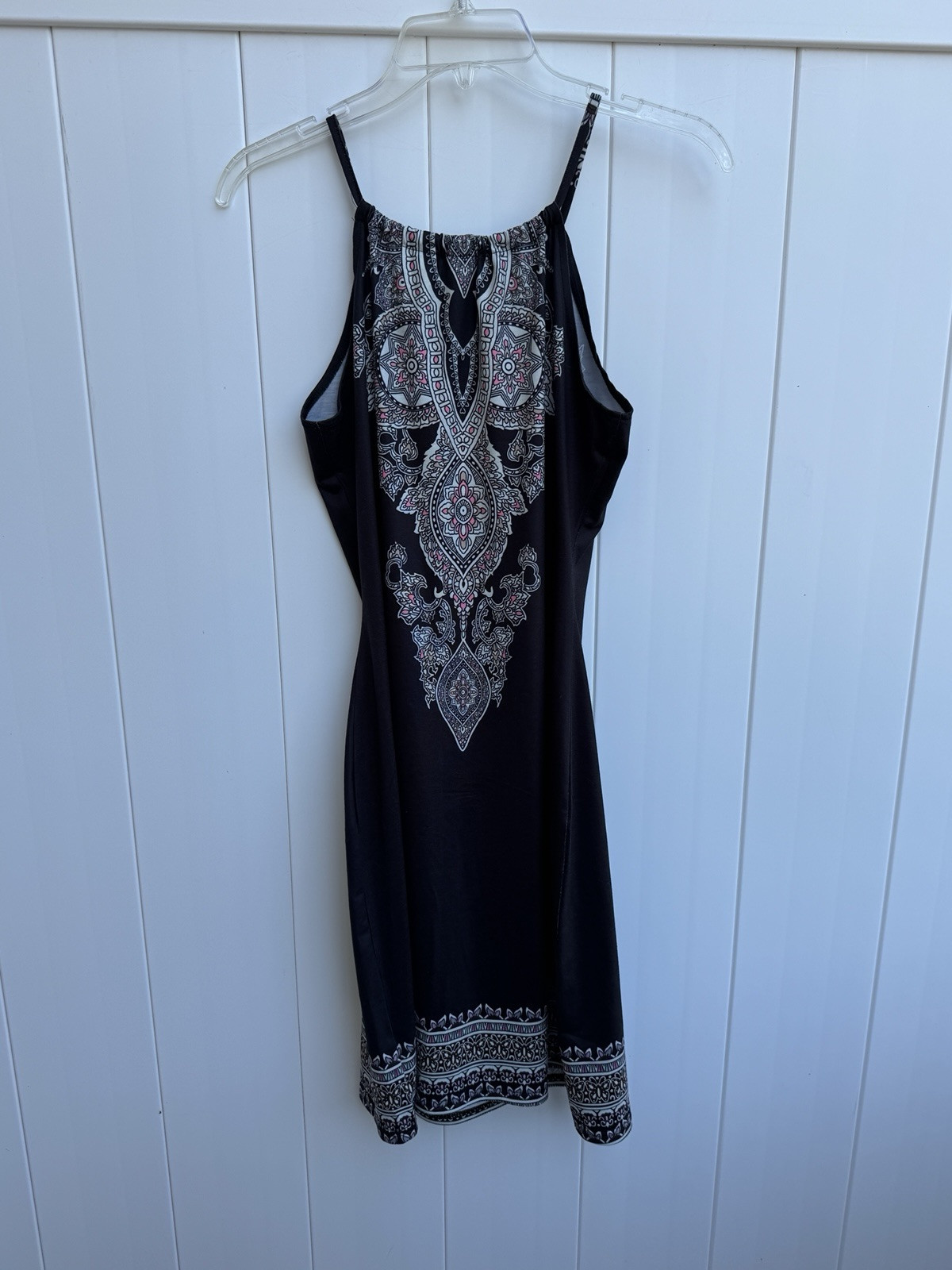 Unknown Women’s Black, Pink Print Sleeveless Tie Dress Medium Key Hole Neck
