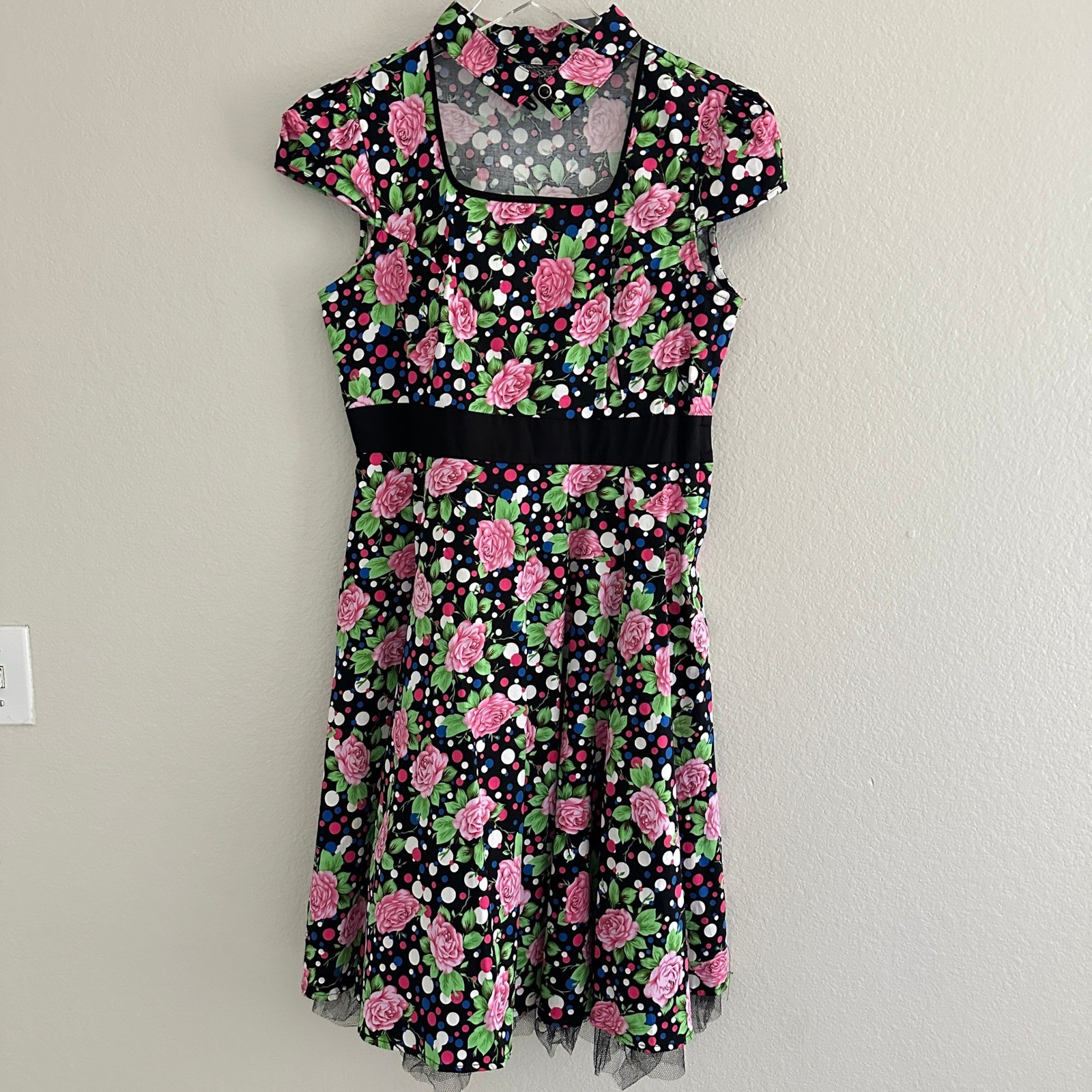Hearts & Roses Fit & Flare Dress Size 12 Black Floral Polka Dot Rockabilly Tulle