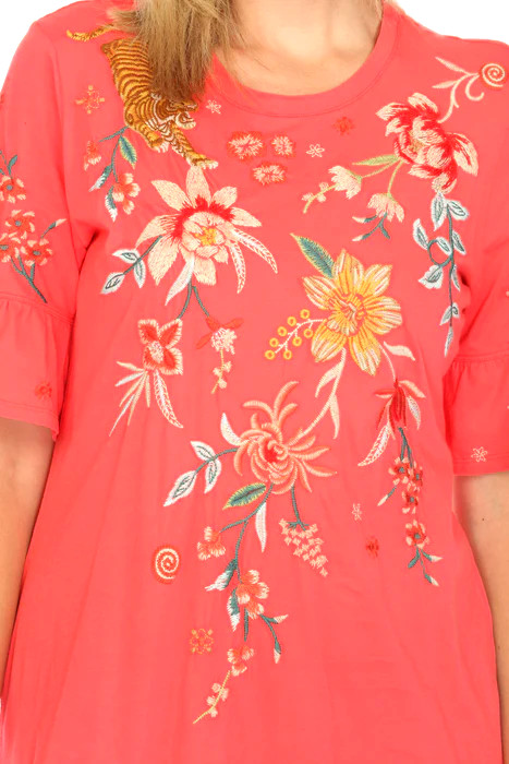 $160 JOHNNY WAS Size L ANDREAN DRESS RUFFLE Embroidered COTTON GUAVA B:44″L:37″