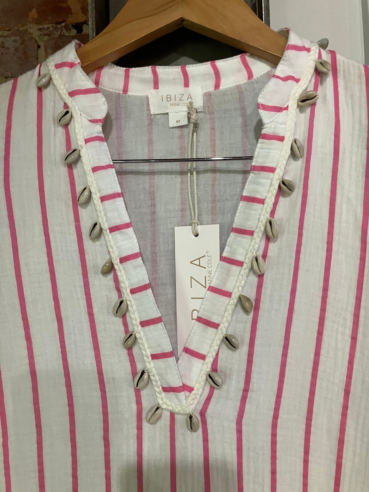 Anne Cole Ibiza Cowrie Shell Striped Kaftan Maxi Swim Cover Up M Pink V Neck NWT