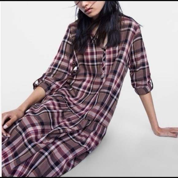 Zara womens size M Brown v-neck Plaid Drop Waist Midi Dress button Lightweight
